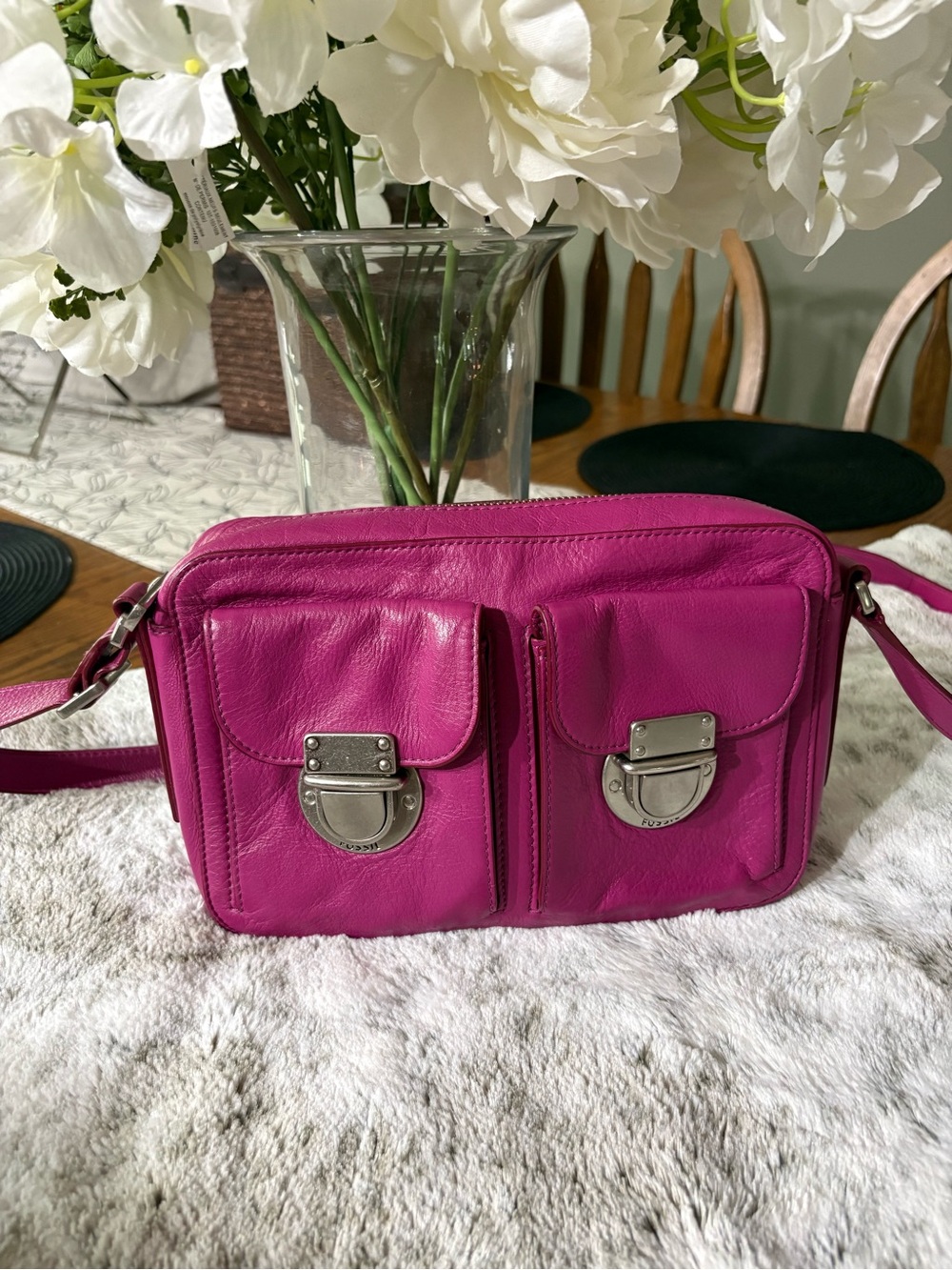 Magenta Leather Crossbody Bag with Dual Front Pockets